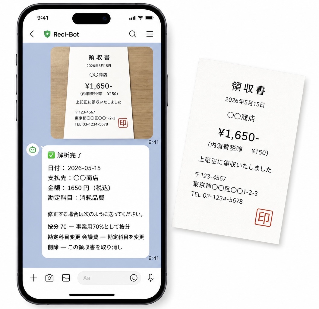 LINEで領収書を送るとReci-Botが解析結果を返信する画面